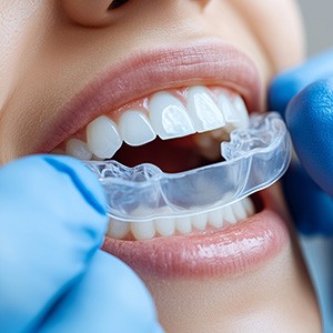 Dentist inserting a mouthguard into a patient’s mouth